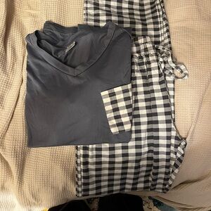Gray V-Neck Top and Checkered Pants Set